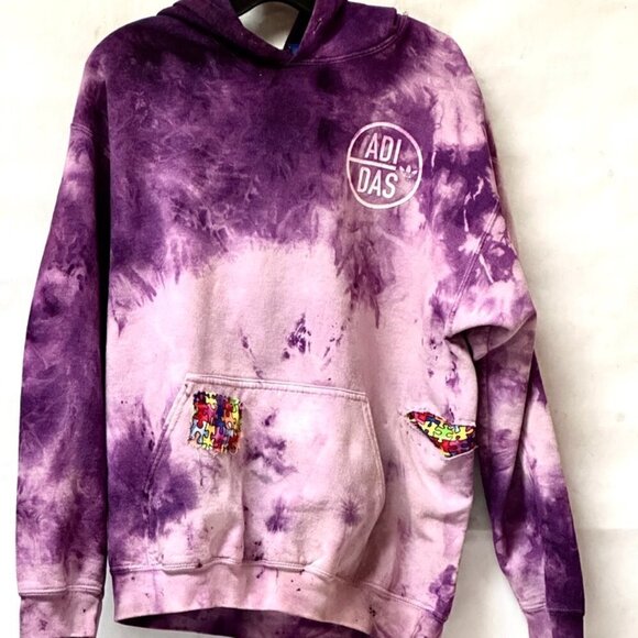 Adidas upcycled Sweatshirt Patchwork Jigsaw Puzzle Size Large Pink Purple Hoodie - Picture 1 of 10